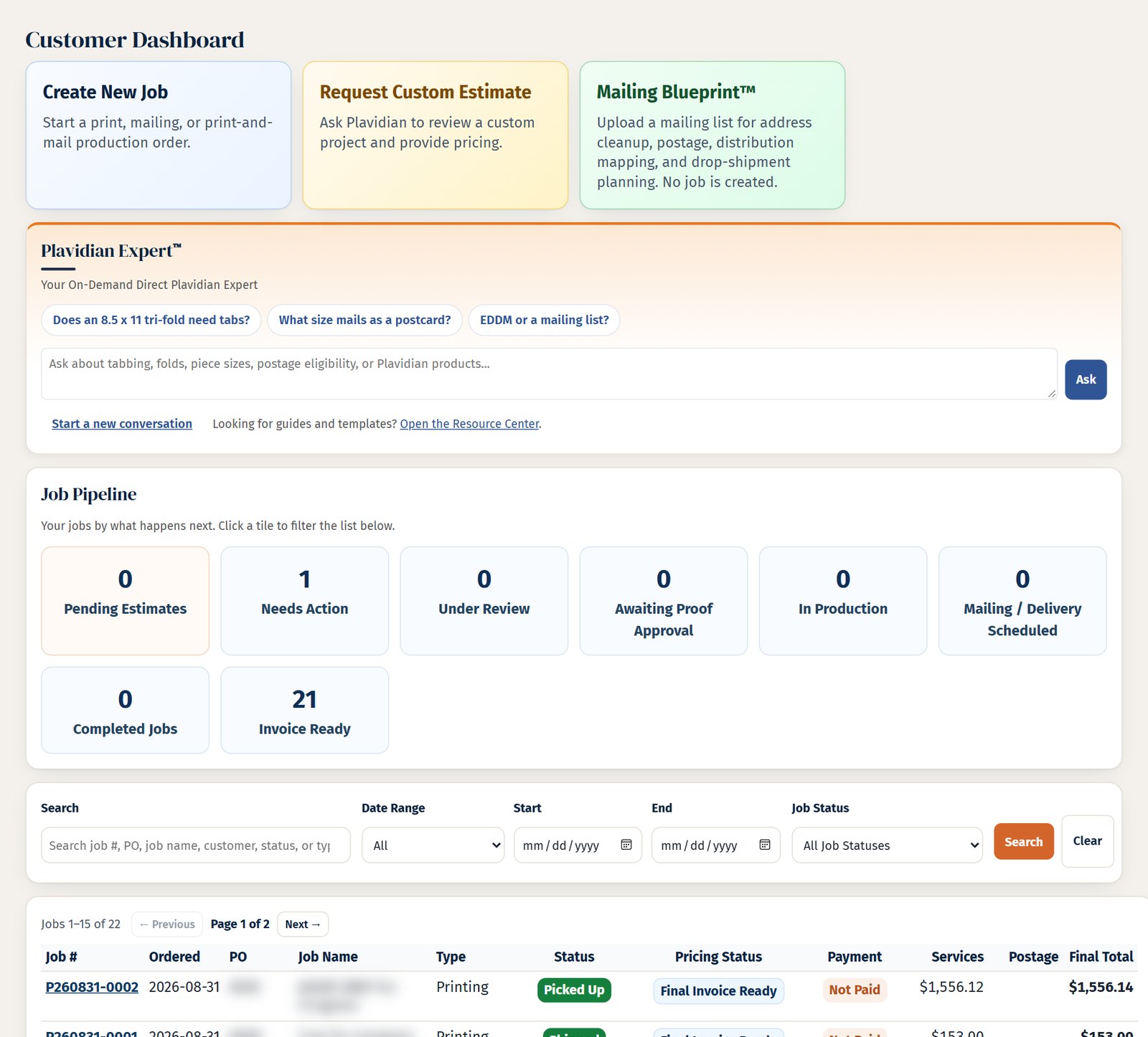 The Dashboard in a Plavidian account: live job list with status, proofs, and postage